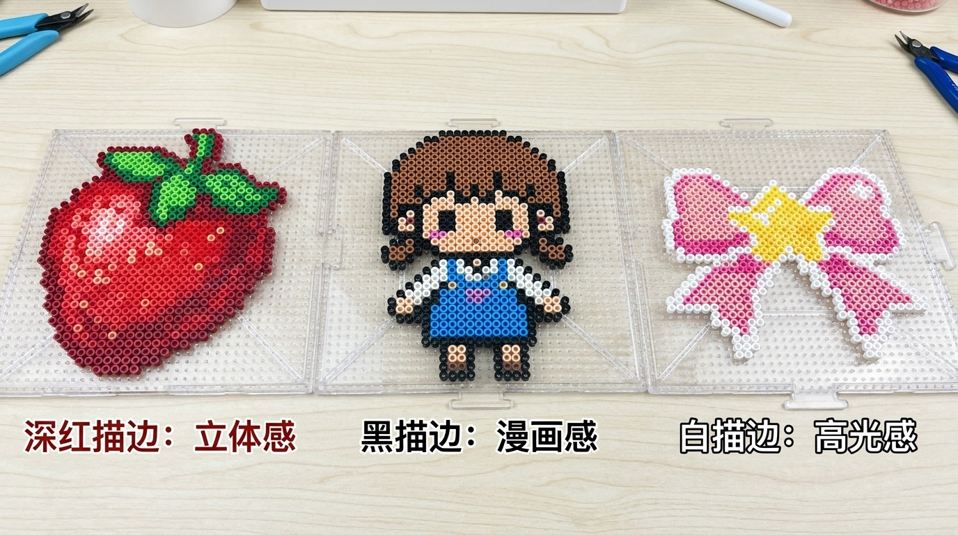 描边技巧对比:同色深描 vs 黑色描边 vs 白色高光